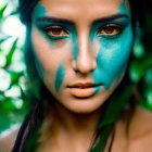 Person with Blue Face Paint Against Green Background