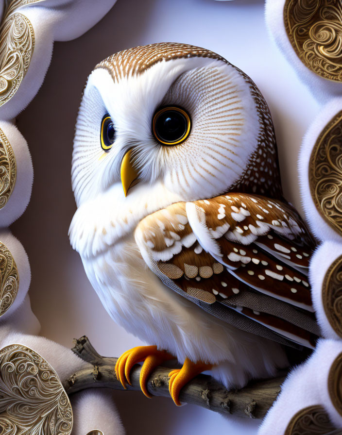 Snowy Owl Illustration: Perched on Branch with Gold-Patterned Feathers