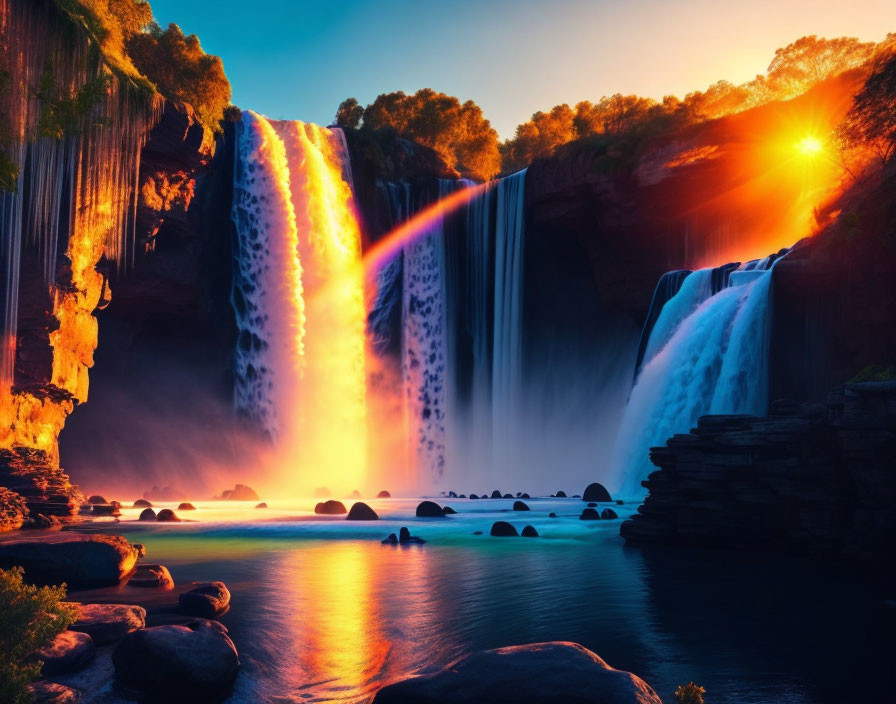 Scenic waterfall at sunset with mist and vibrant colors