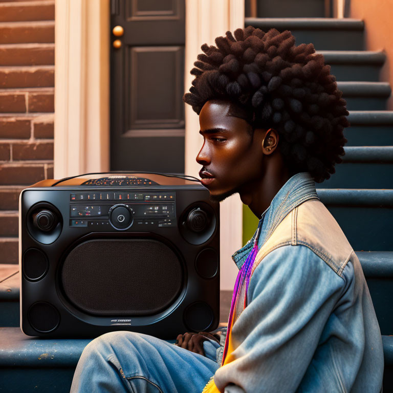 Young person with afro beside boombox on steps, wearing denim jacket