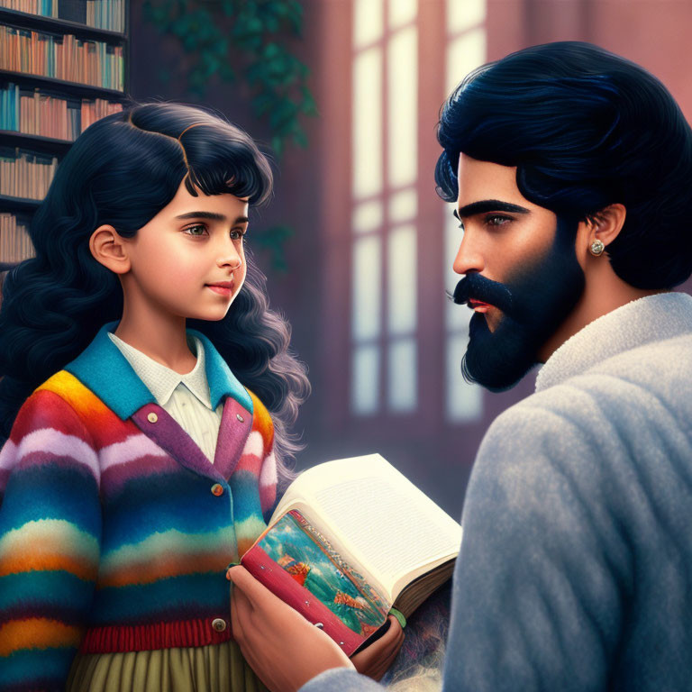 Young girl and bearded man in library with storybook illustration