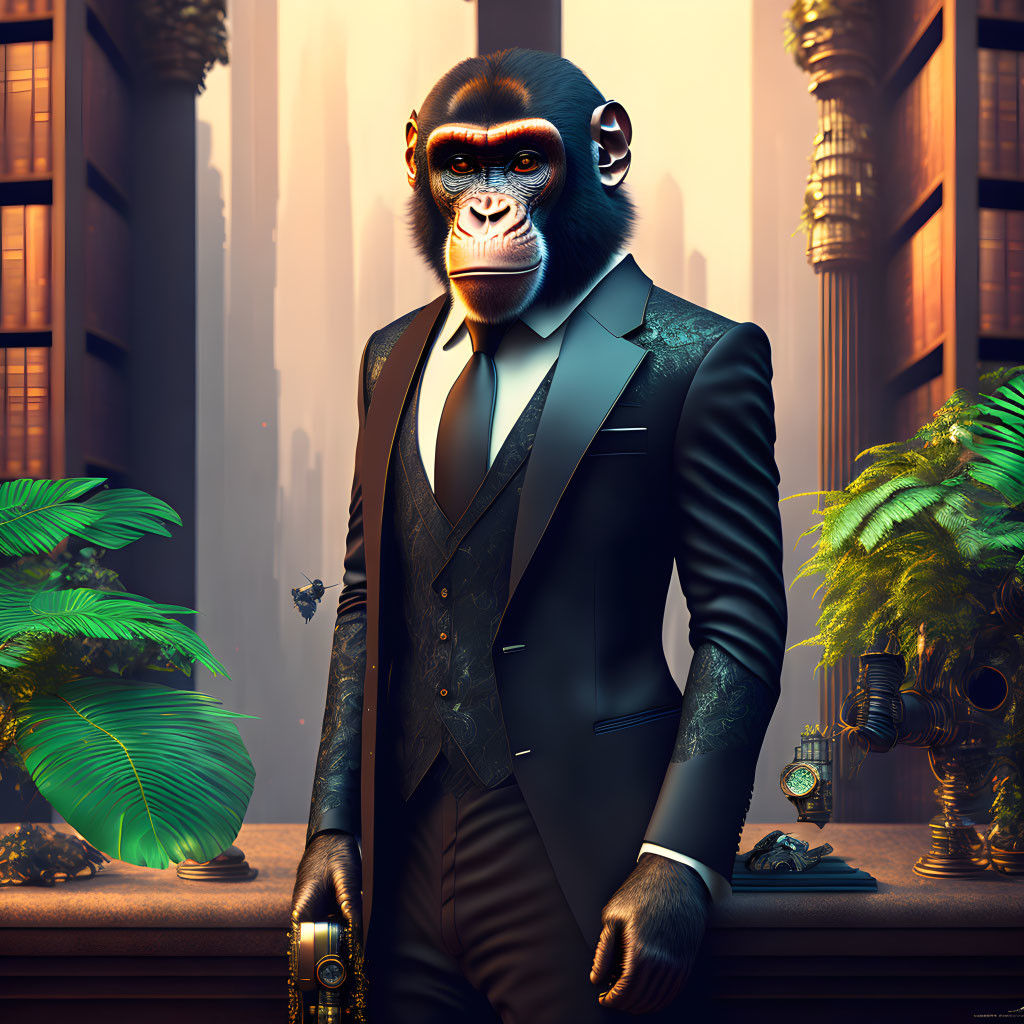 Sharp-dressed ape in suit and tie against futuristic urban backdrop