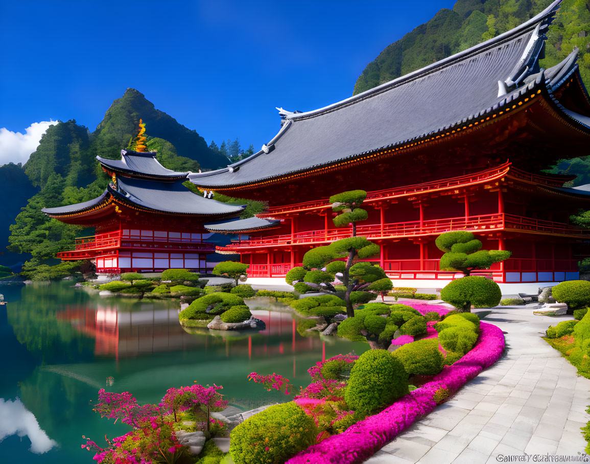 Traditional Japanese red temple against mountain backdrop and serene pond.