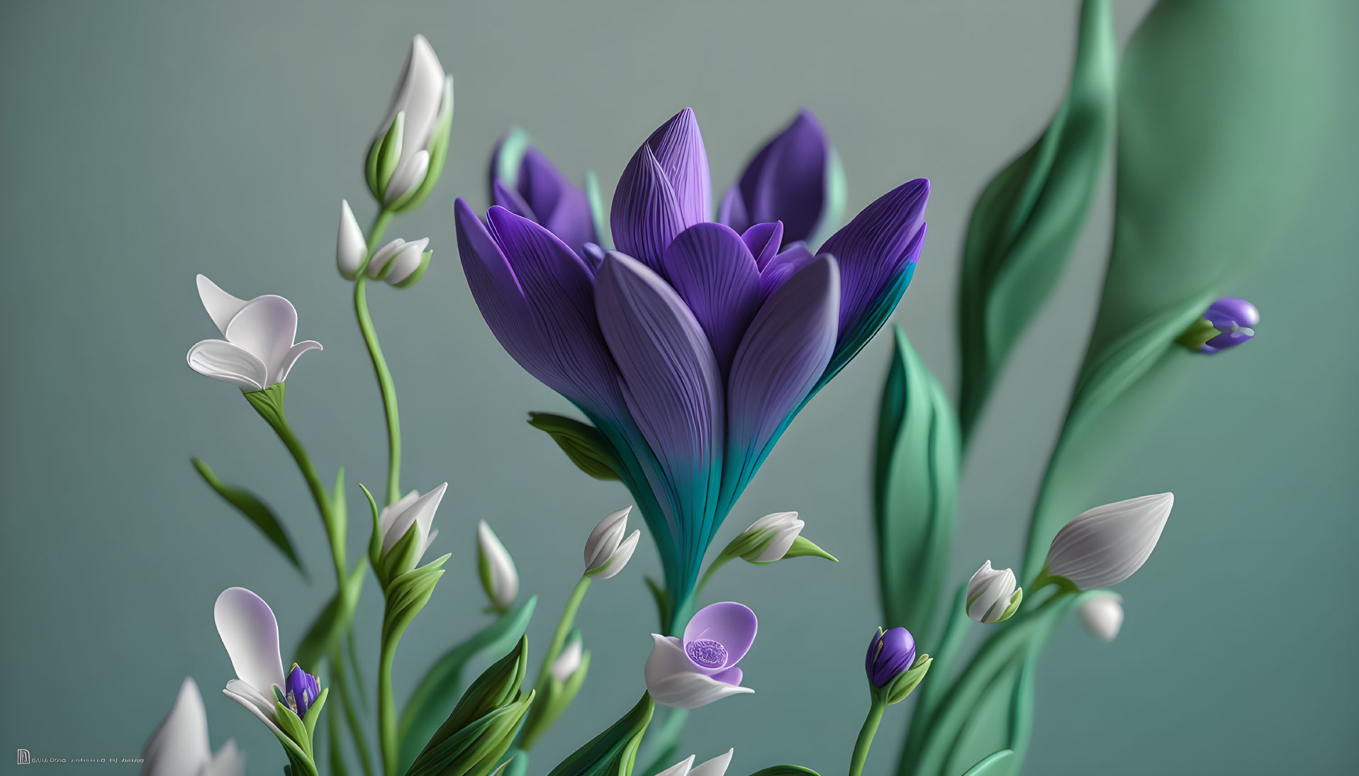 Purple and White Flowers with Prominent Veins on Soft Green Background