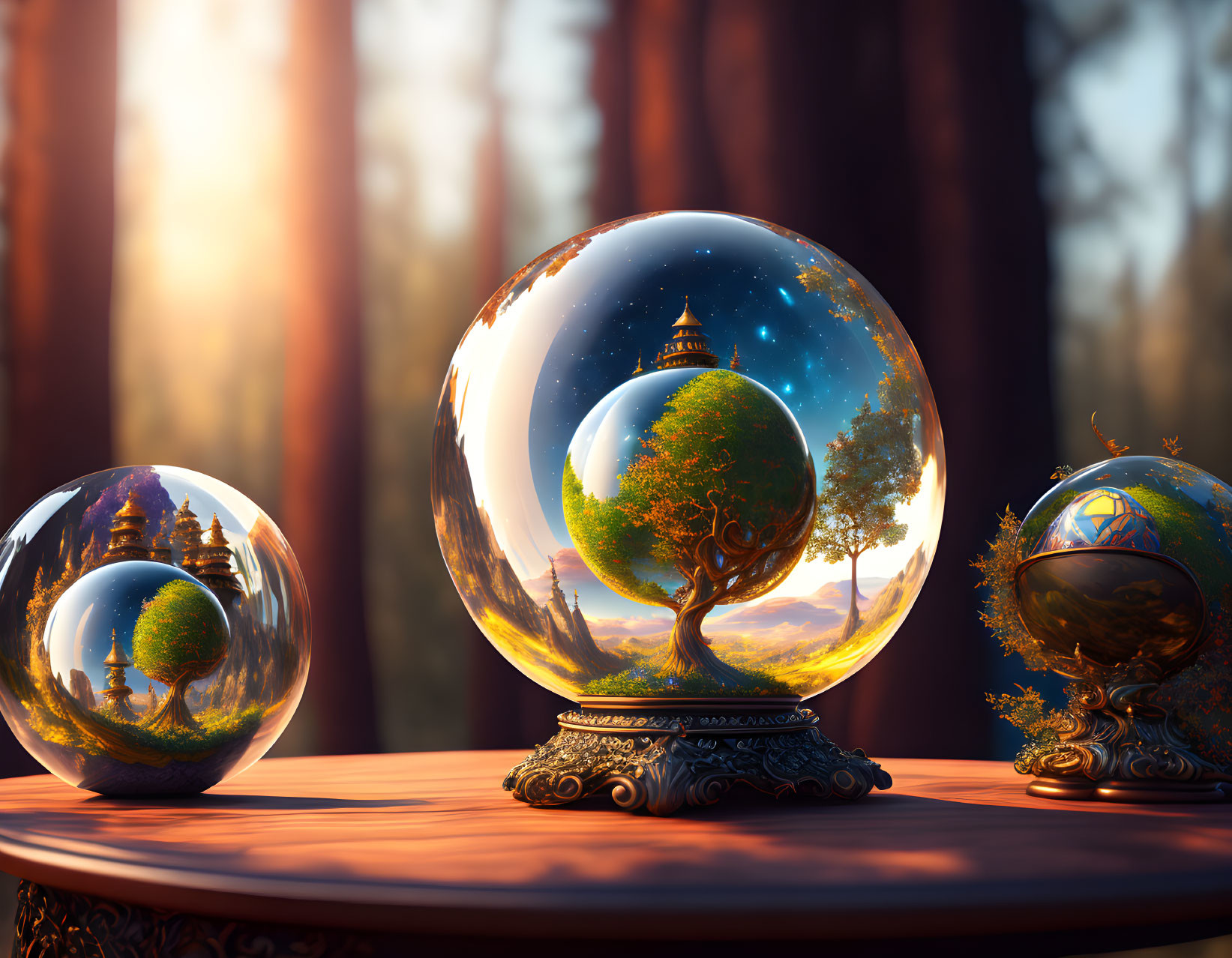 Intricately Detailed Miniature Worlds in Spheres on Wooden Surface