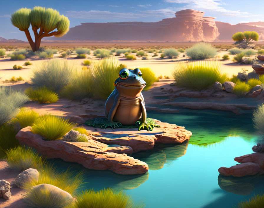 Whimsical animated frog in desert oasis with lush greenery