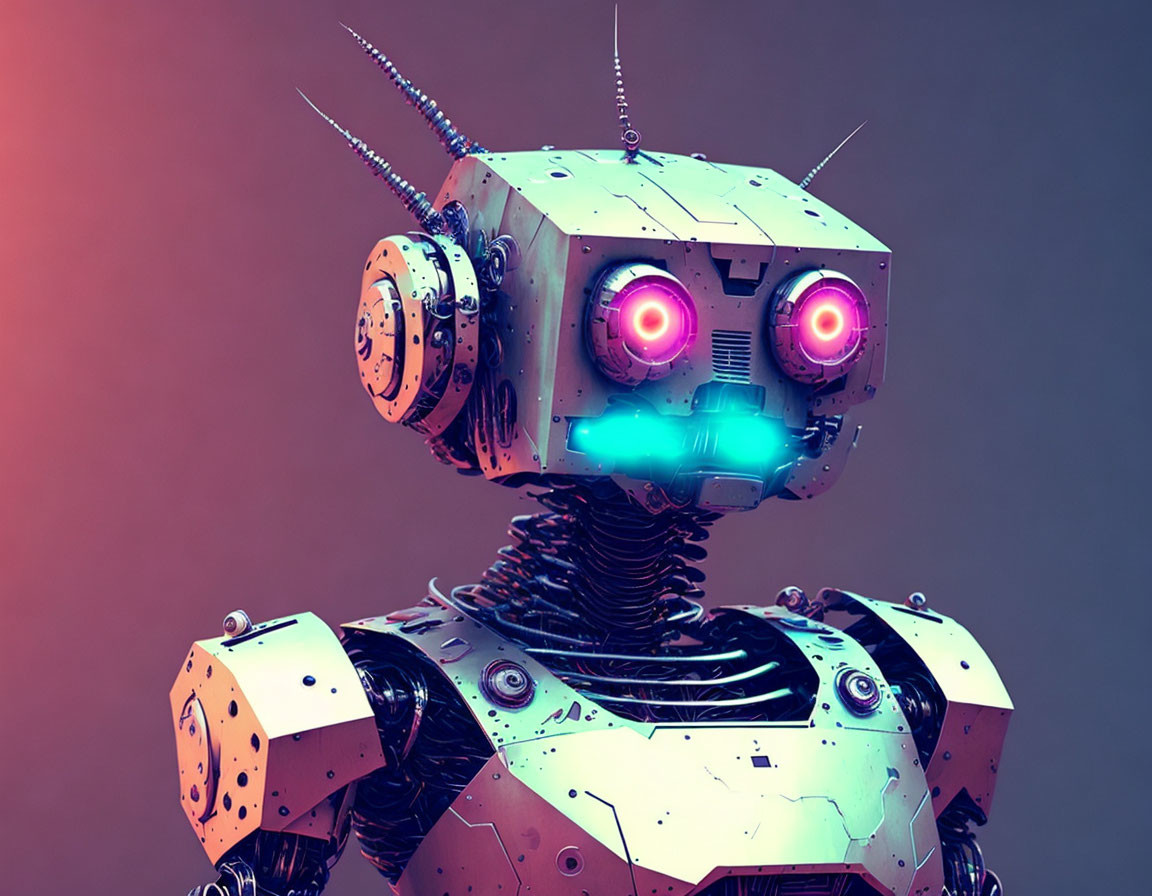 Yellow Futuristic Robot with Pink Glowing Eyes on Gradient Background