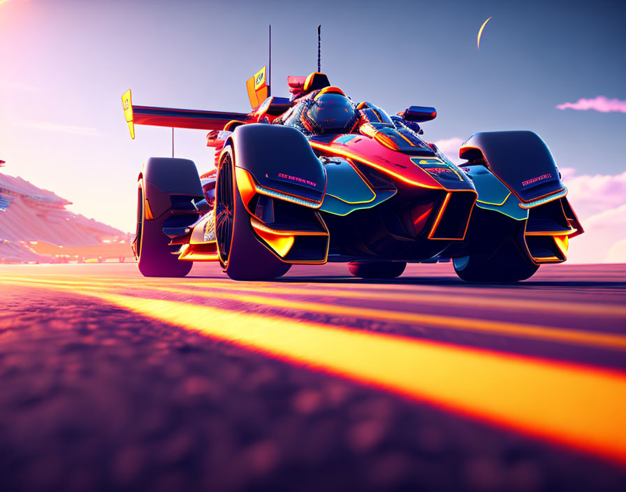 Vibrant livery race car speeds on track at sunset