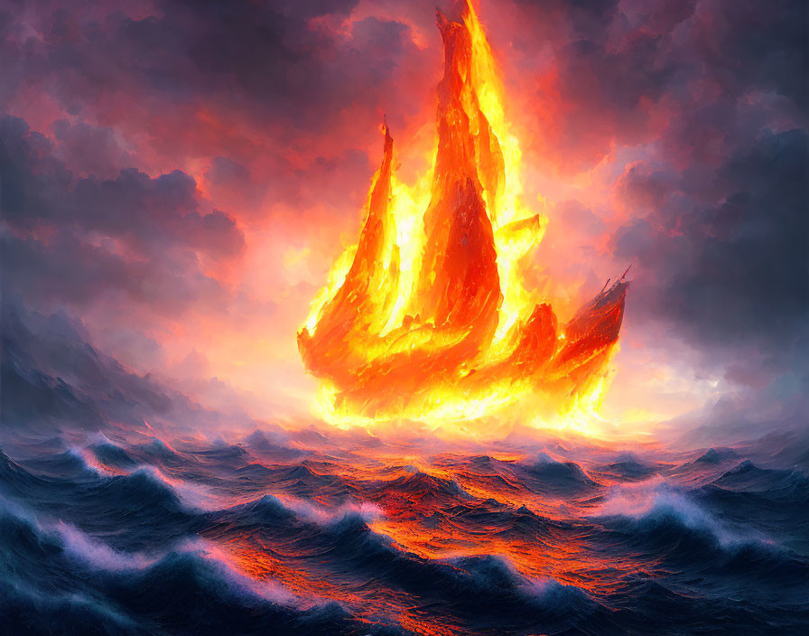 Burning ship on stormy seas with dramatic sky