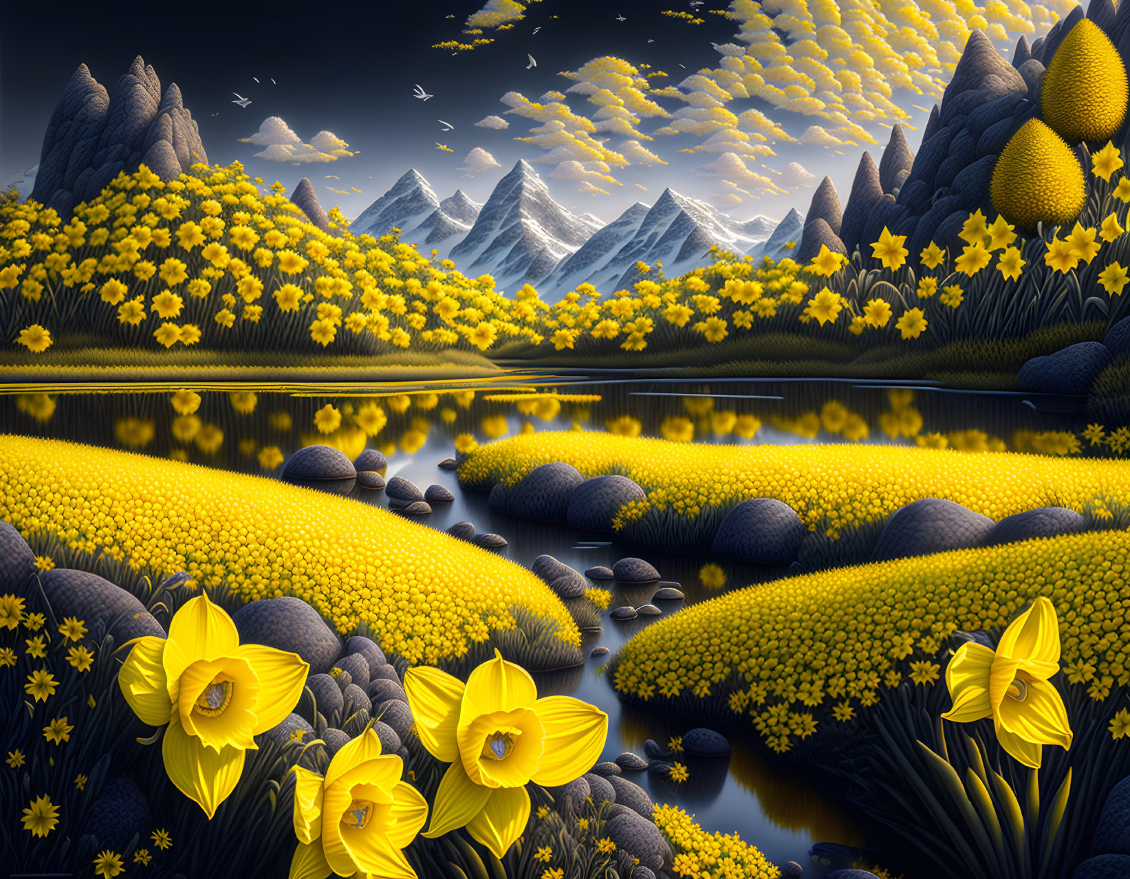 Scenic landscape with yellow flowers, snowy mountains, serene lake