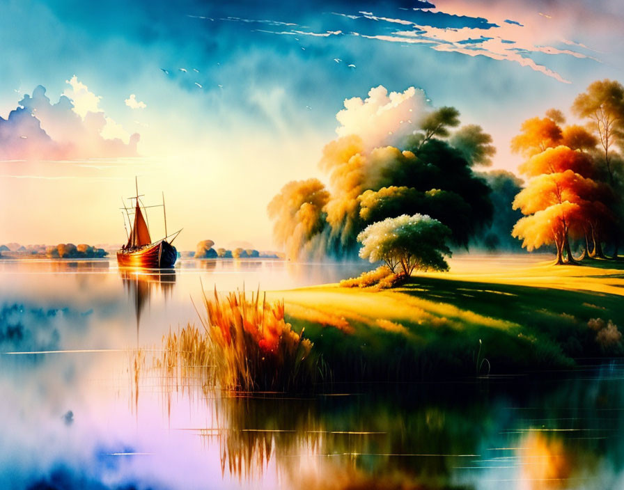 Colorful painting of tranquil lake with boat and trees at sunset/sunrise