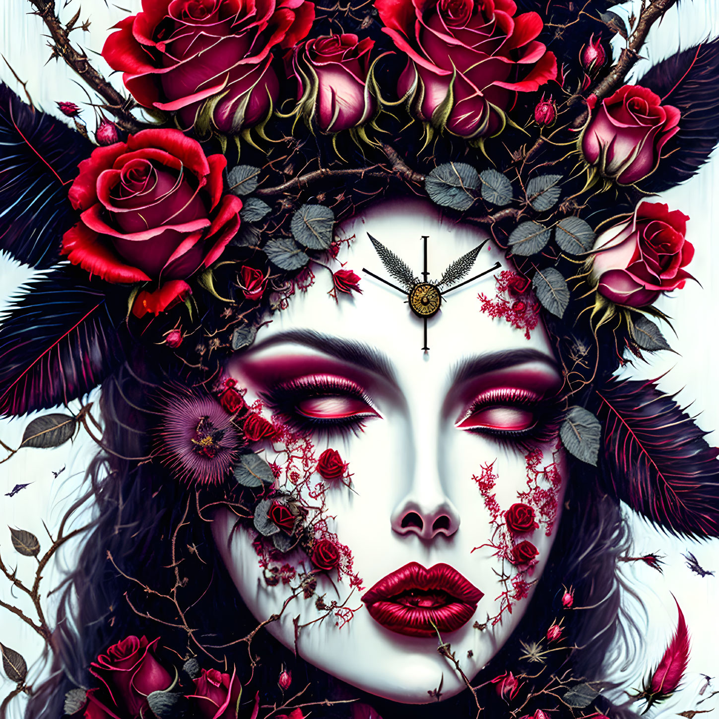 Digital Artwork: Woman with Floral and Skeletal Makeup, Roses, Feathers, Compass