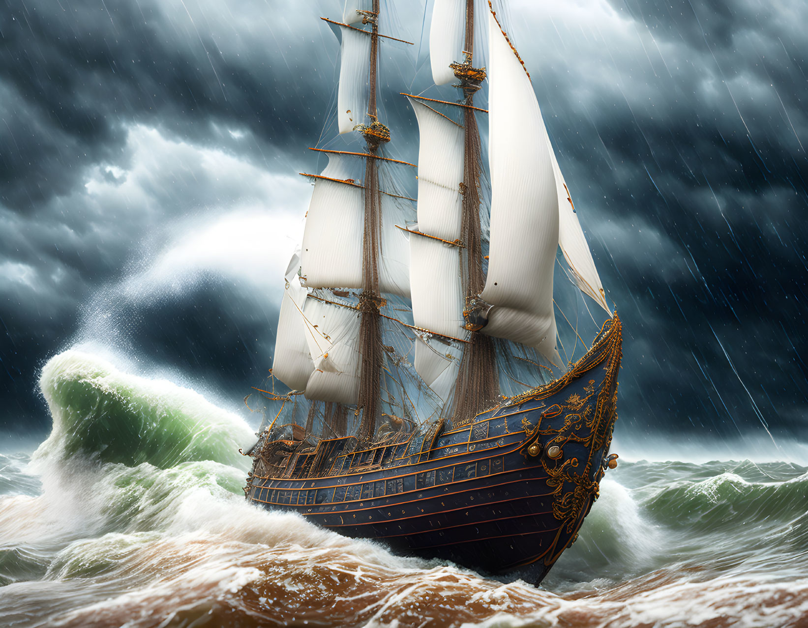 Tall ship sailing through stormy seas