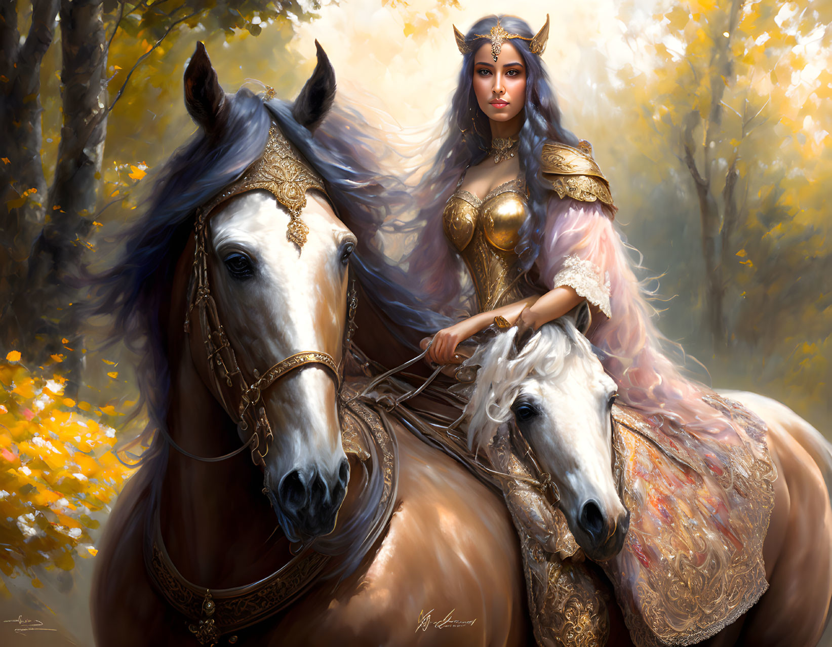 Regal woman in ornate armor on white horse in golden forest