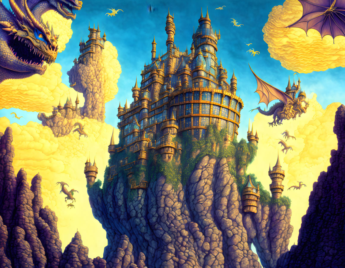 Fantastical castle on craggy peak with flying dragons in vibrant sky