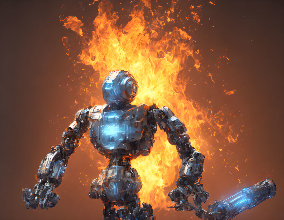 Blue Metallic Robot with Glowing Eyes Amid Intense Flames