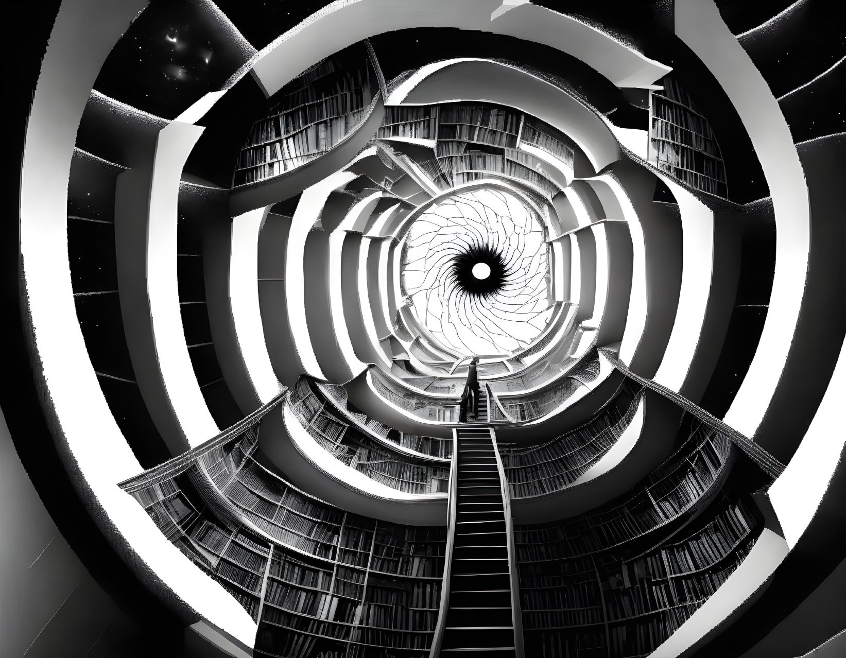 Surreal black and white spiral staircase with cosmic elements and bookshelves