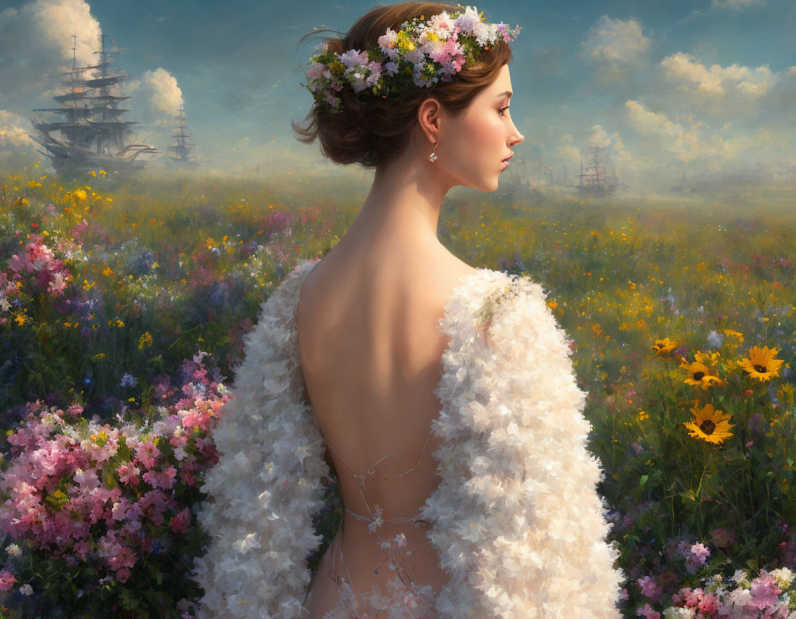 Woman wearing flower crown gazes at ship in blooming field under soft sky