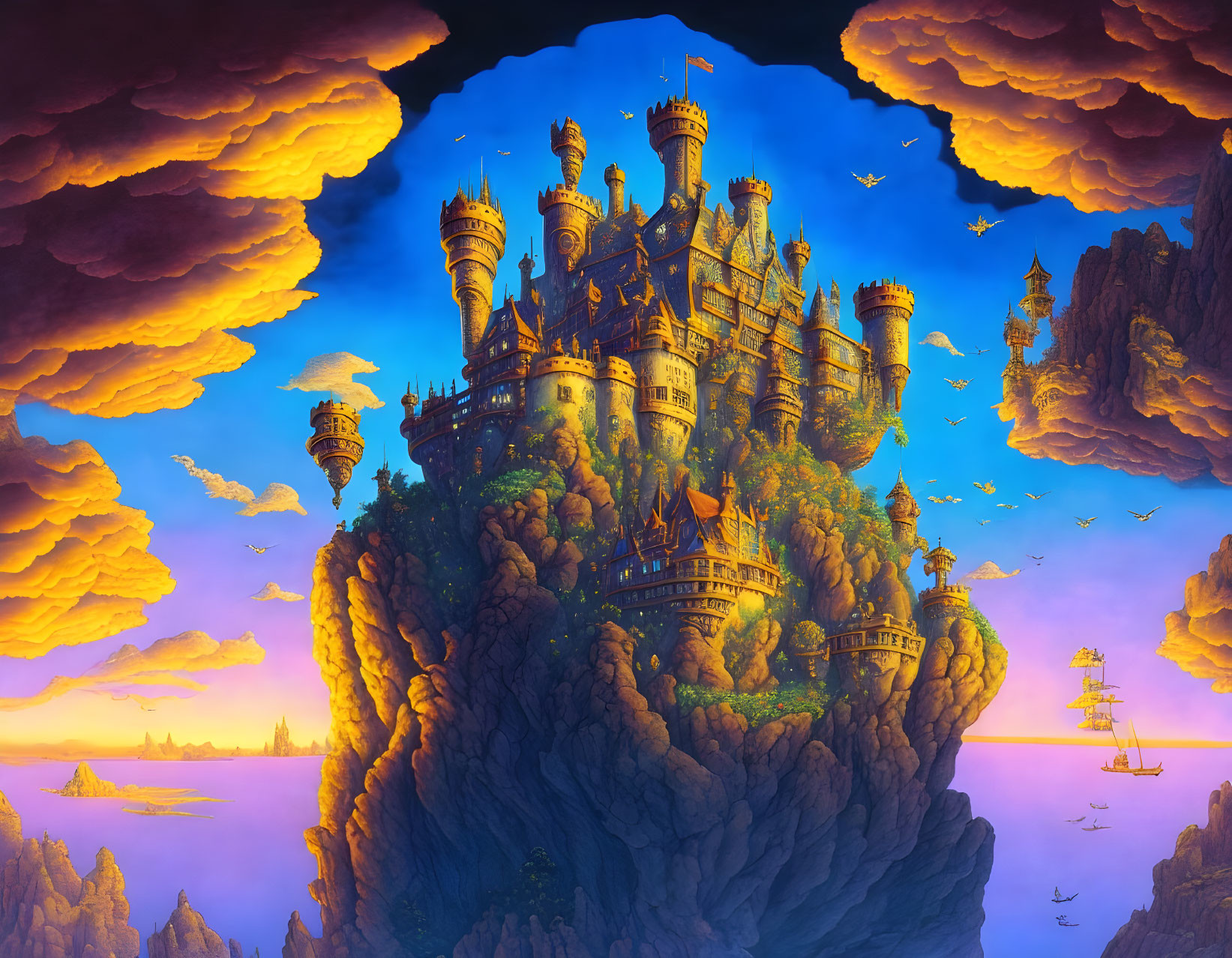 Fantastical castle on floating rock island with golden clouds, birds, ship at dusk