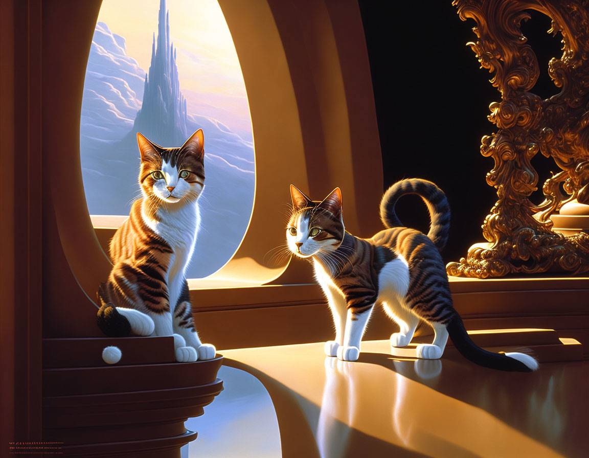 Two Cats on Ornate Windowsill with Futuristic Landscape View