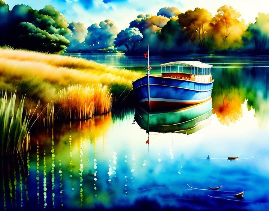 Colorful painting of blue boat on calm lake with greenery and reflection