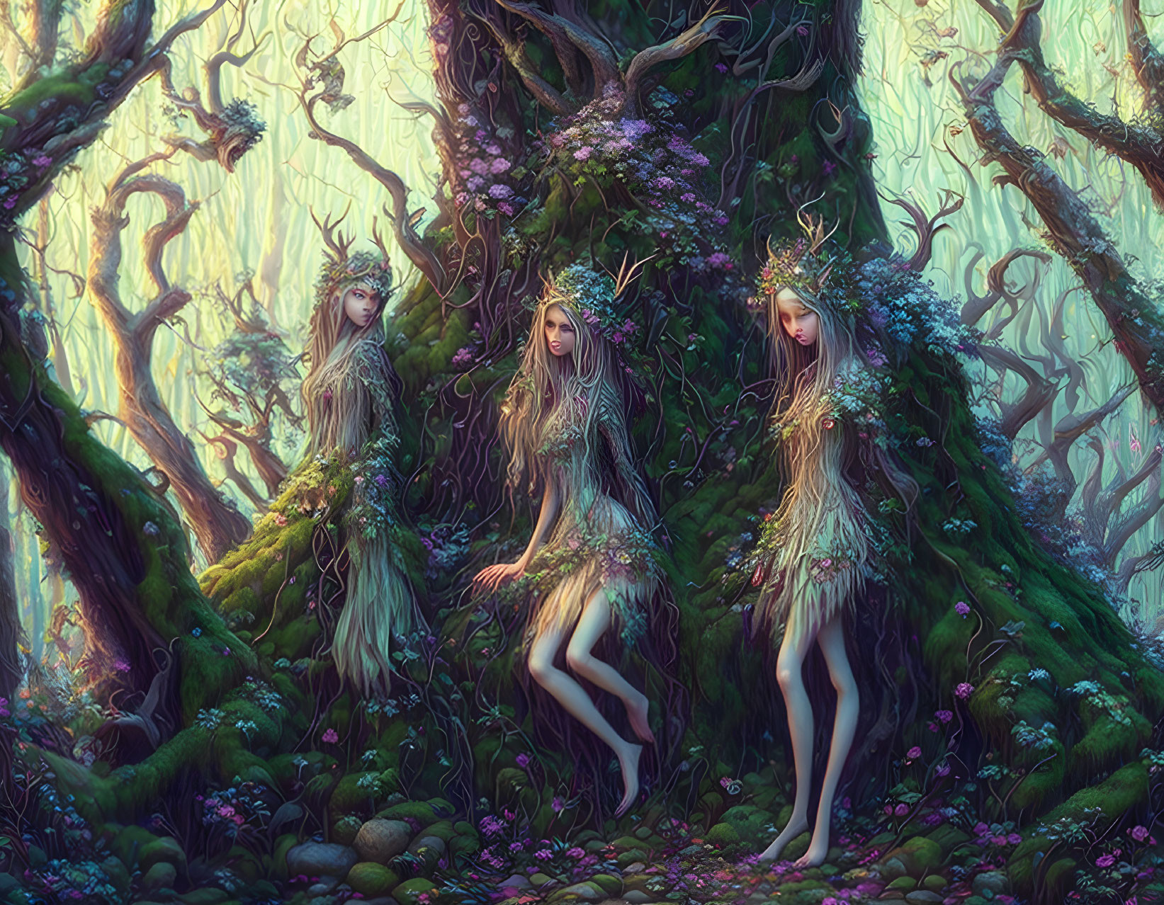 Ethereal female figures with floral crowns in enchanted forest