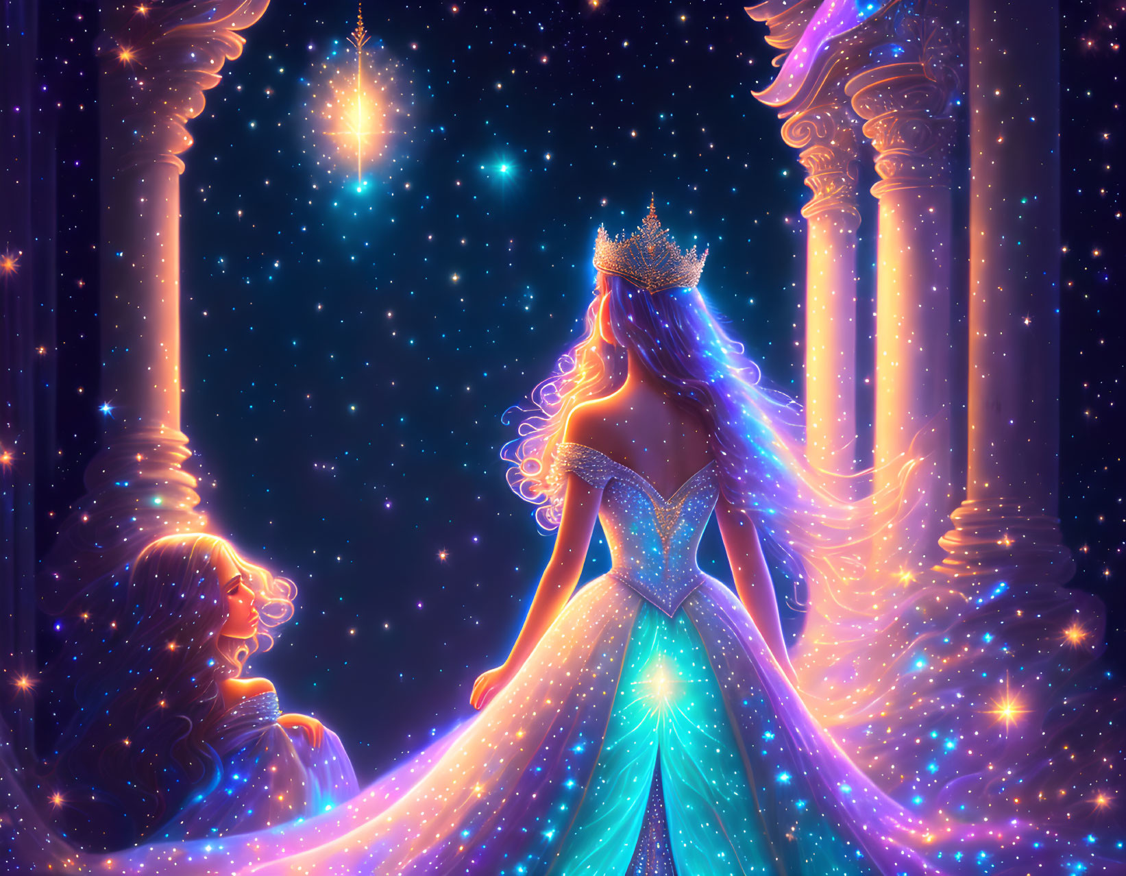 Illustrated princess in blue gown under starry sky with magical glow.