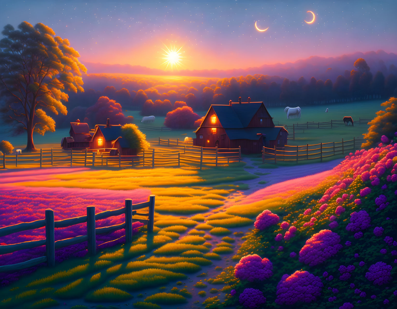 Twilight farm scene: purple flowers, cozy cottages, grazing horses