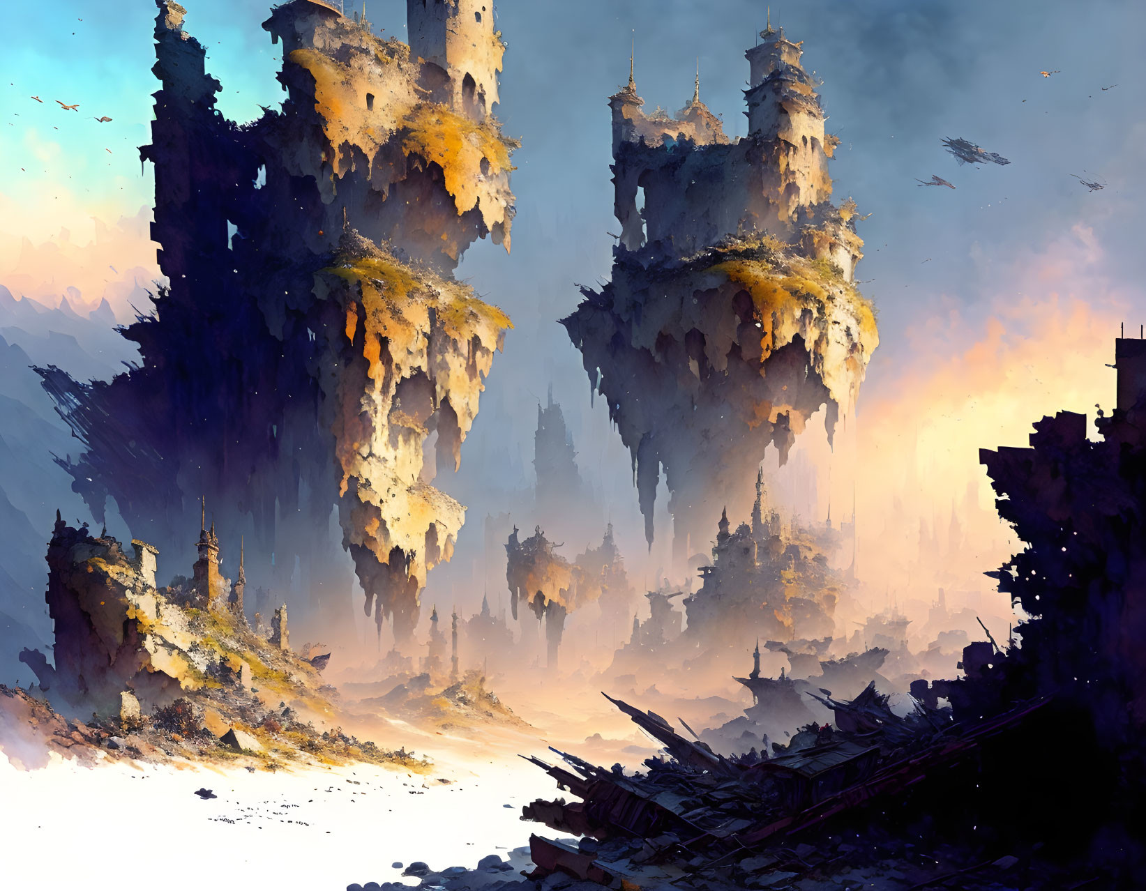 Crumbling Towers in Ruined Fantasy Landscape at Sunset