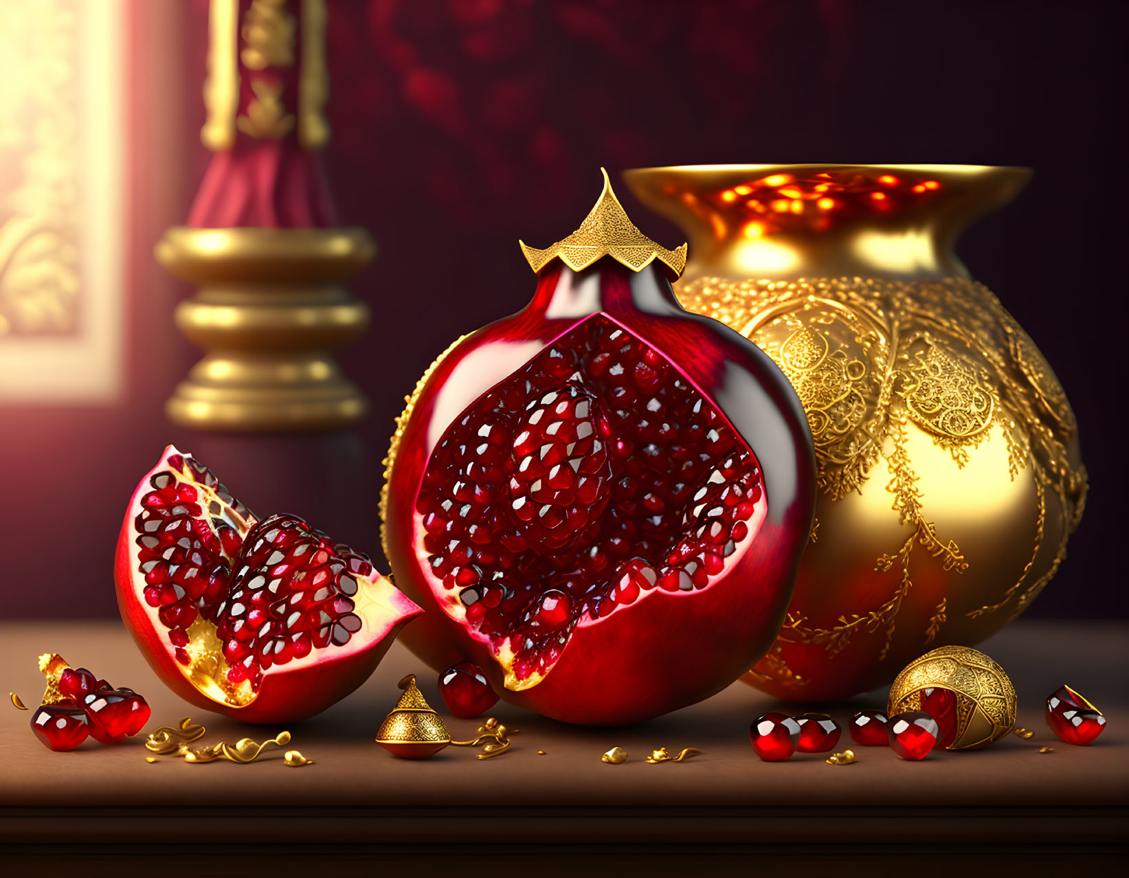 Ornate still life: cut pomegranate, scattered seeds, gold pottery on dark backdrop