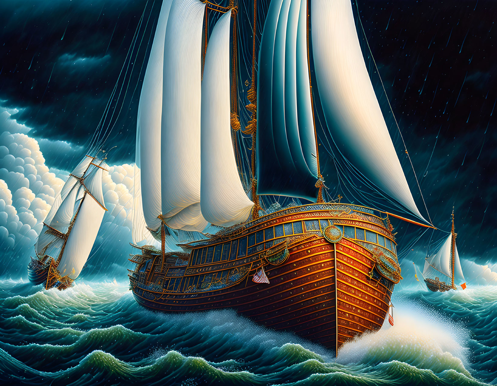 Majestic sailing ships on tumultuous ocean waves