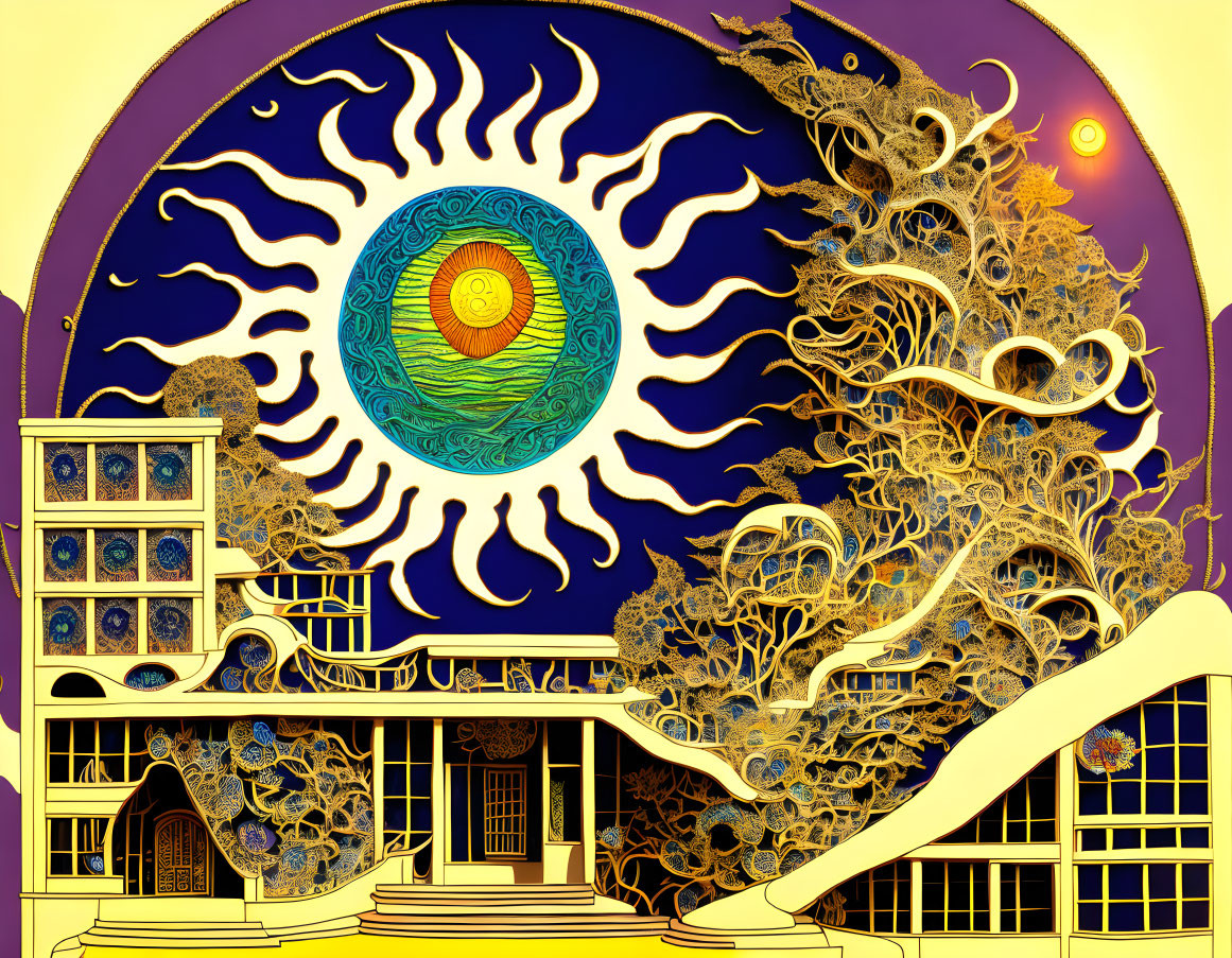 Art Nouveau style illustration of ornate building, tree, and cosmic sun motif
