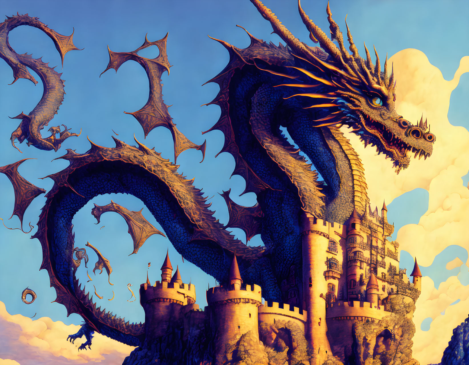 Blue dragon encircles ancient castle under golden sky