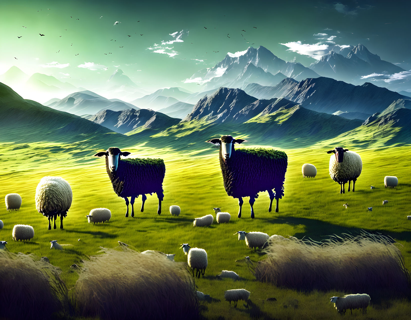 Vibrant grassy field with oversized sheep, small grazing sheep, mountains, and birds