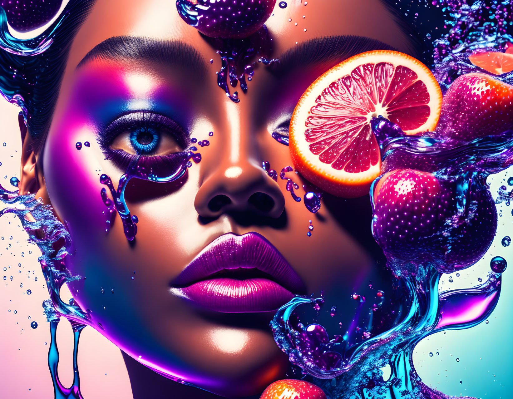 Colorful makeup close-up surrounded by water, bubbles, and fruit slices