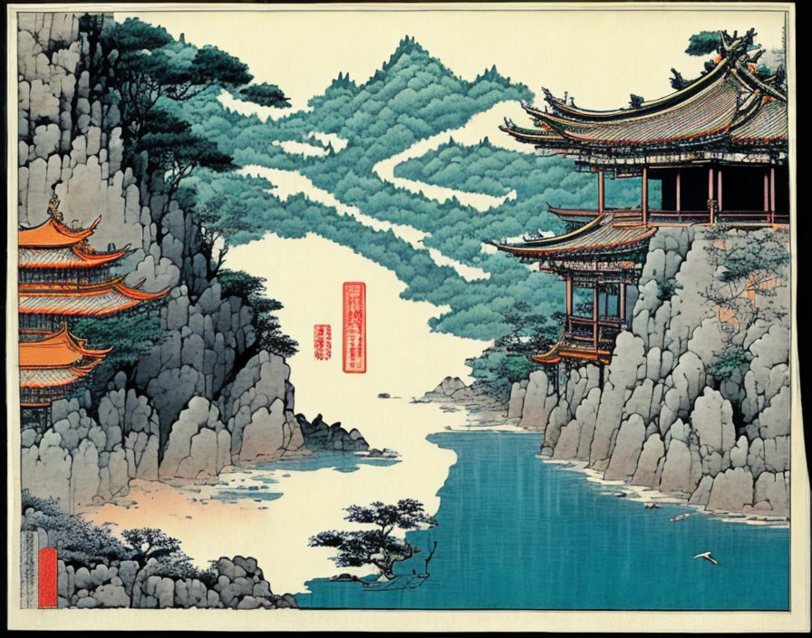 Traditional Japanese Ukiyo-e Style Artwork: Pagoda, River, Pine Trees, Cliffs