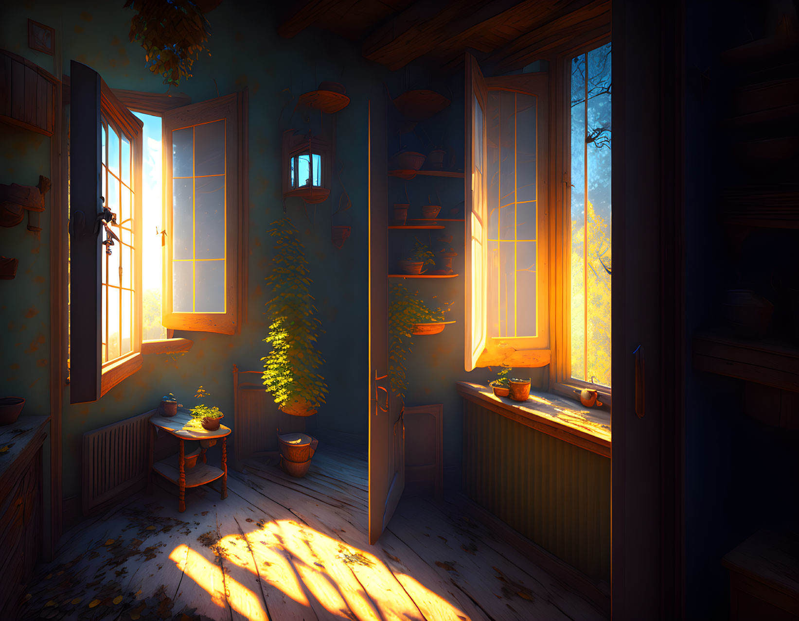 Rustic wooden cabin interior with sunlight, plants, and pottery