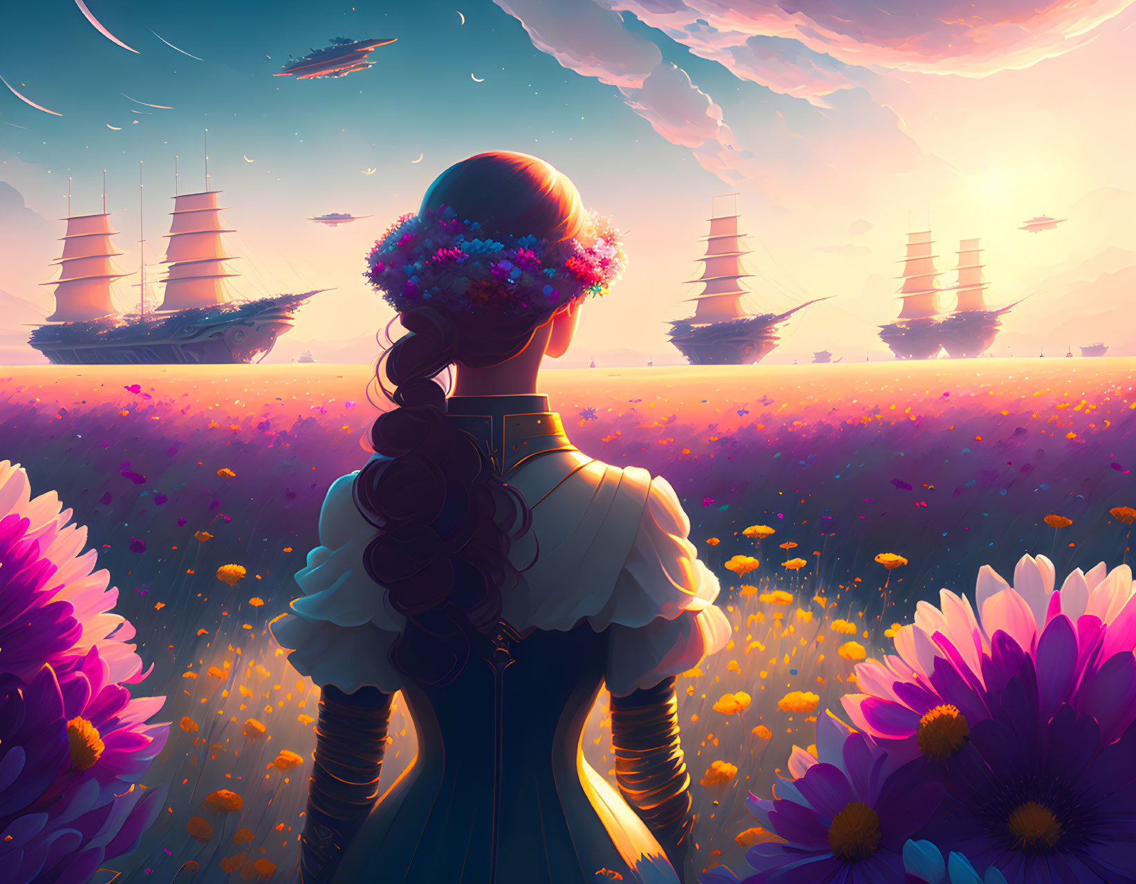 Woman with floral wreath admiring purple field and floating ships at sunset