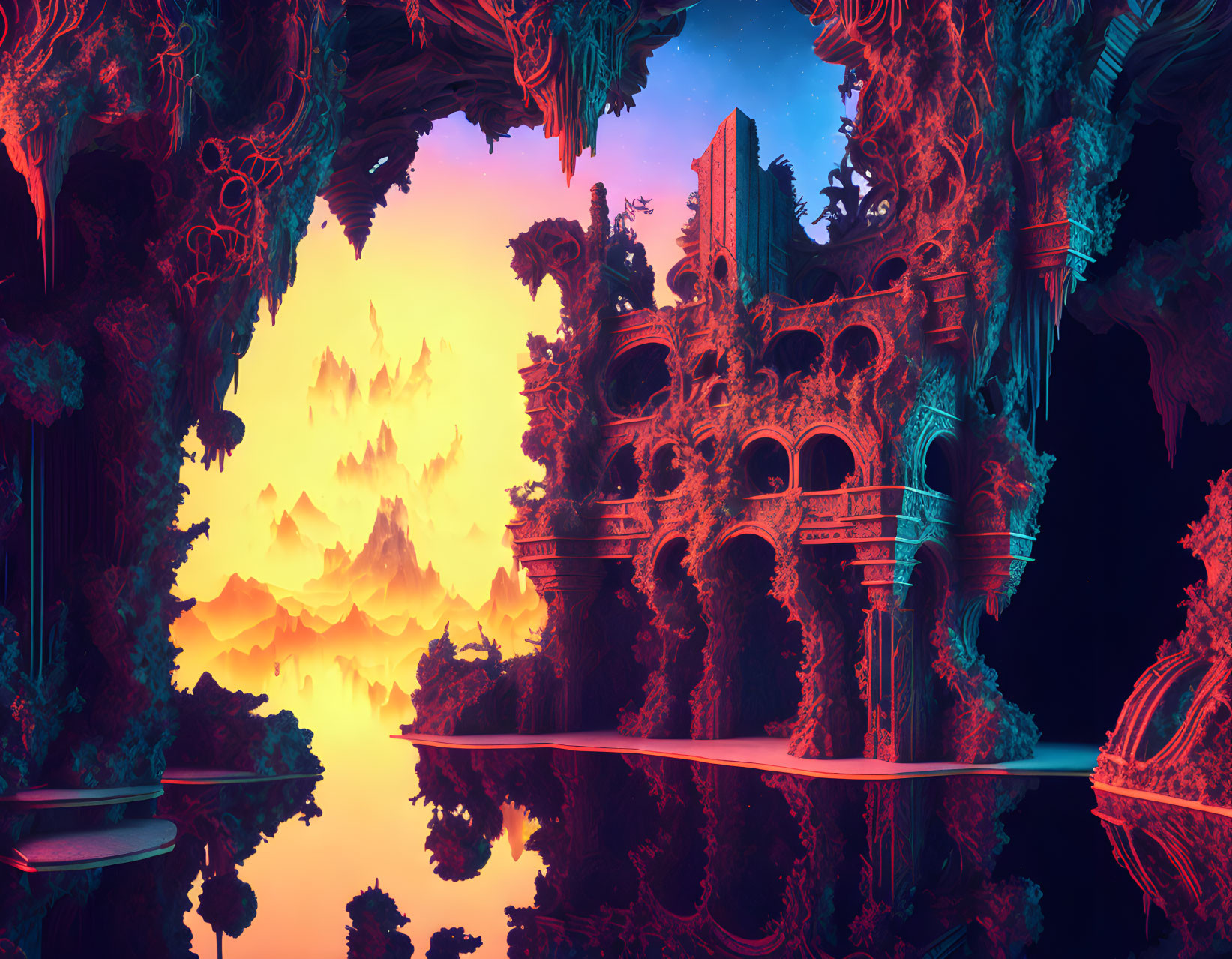Fantasy landscape with ancient structure on floating islands at sunset