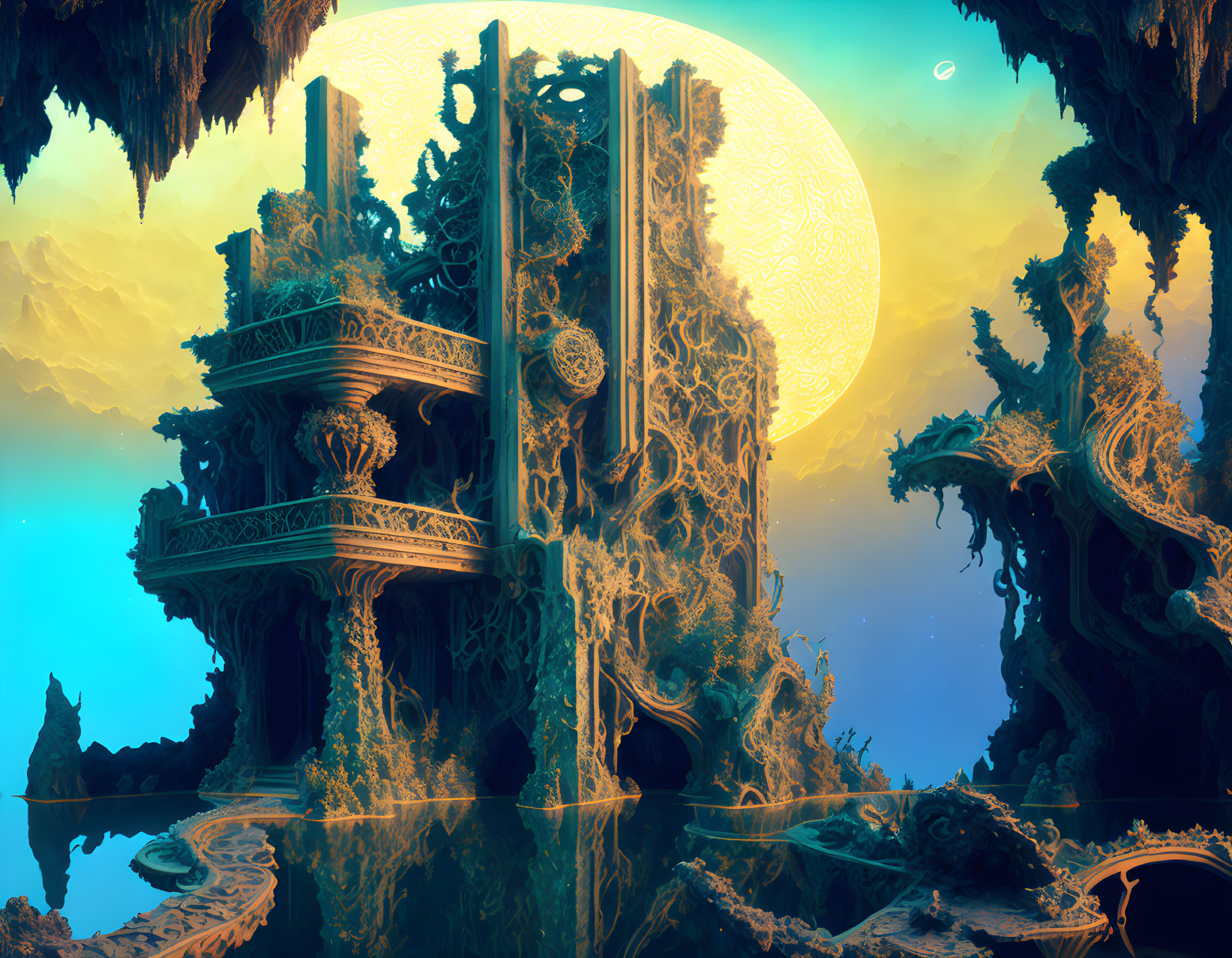 Mystical landscape with ancient structures and luminous moon