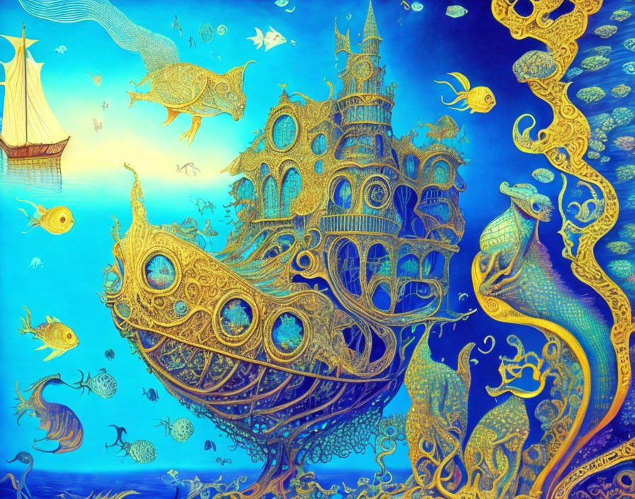 Vibrant underwater scene with golden ship-castle and whimsical sea life
