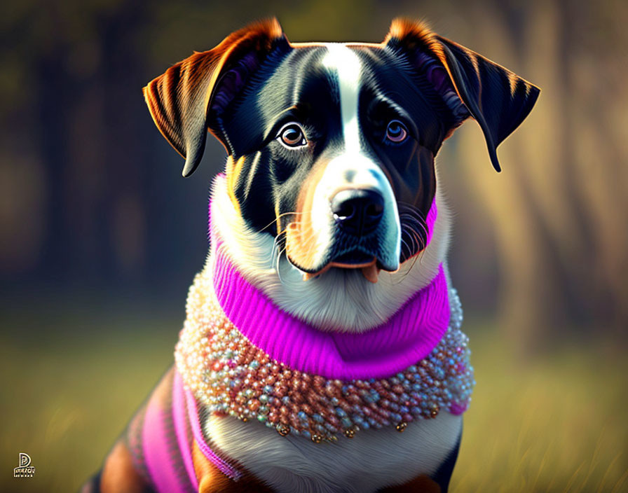 Black and Brown Dog in Pink Sweater and Pearl Necklace in Nature Scene