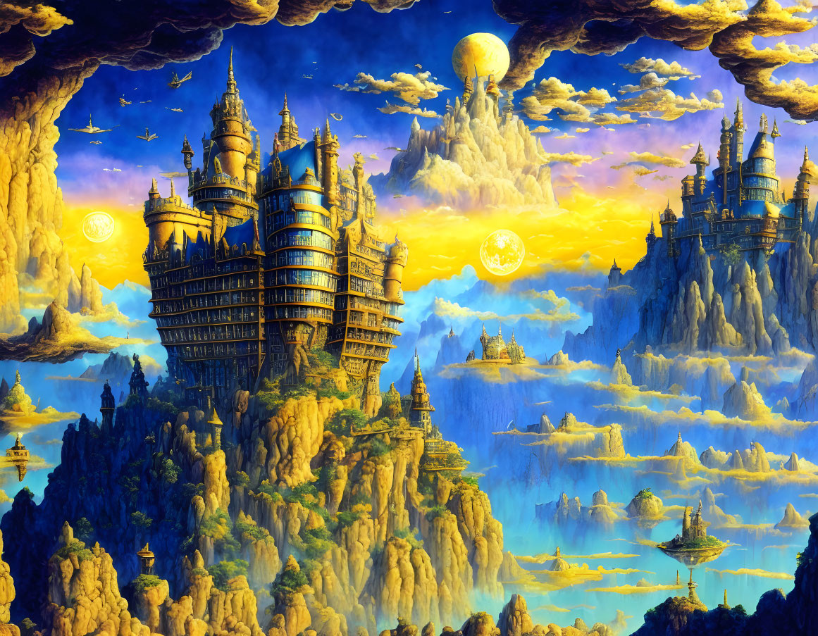 Fantastical landscape with floating castles in moonlit and sunlit sky
