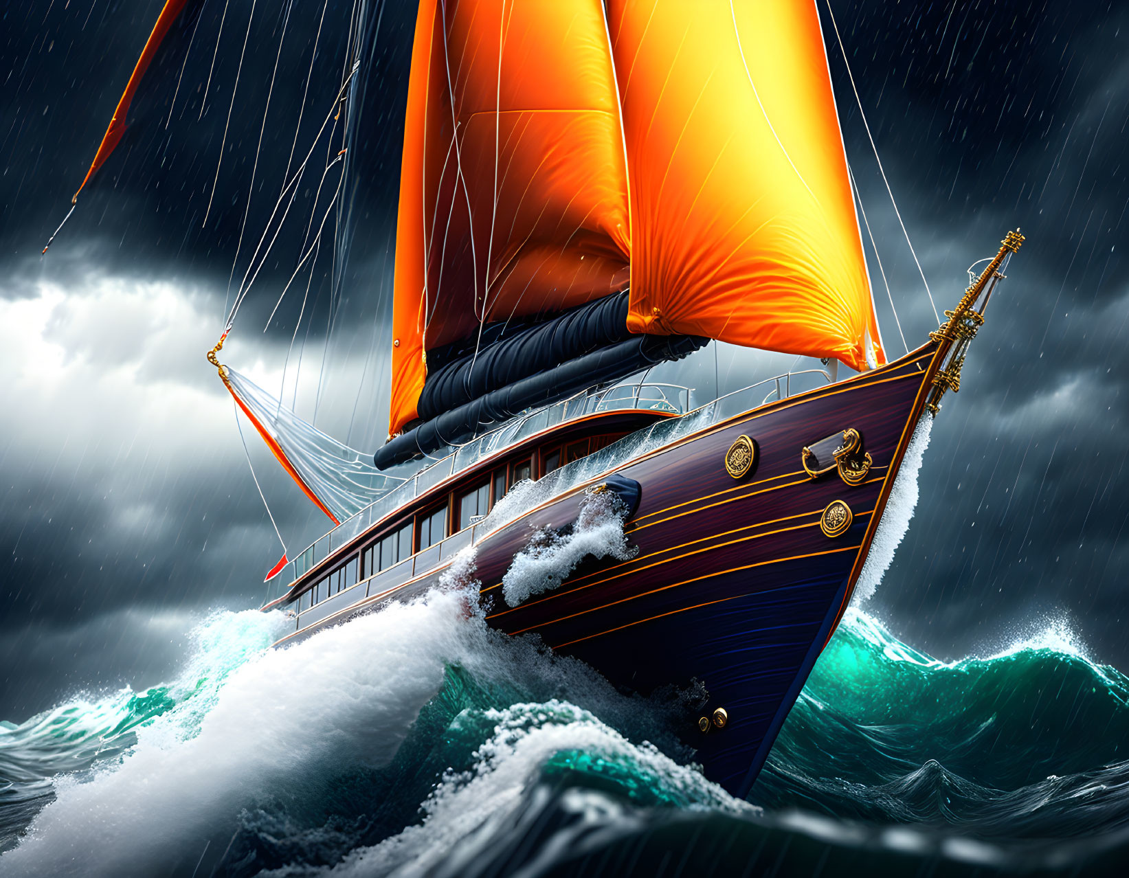 Orange sailboat navigating stormy seas under dark sky