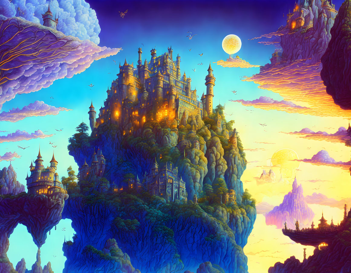 Fantastical landscape with floating islands and illuminated castles