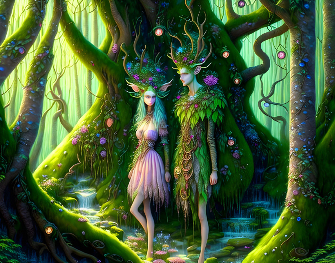 Ethereal figures in nature-inspired attire in mystical forest
