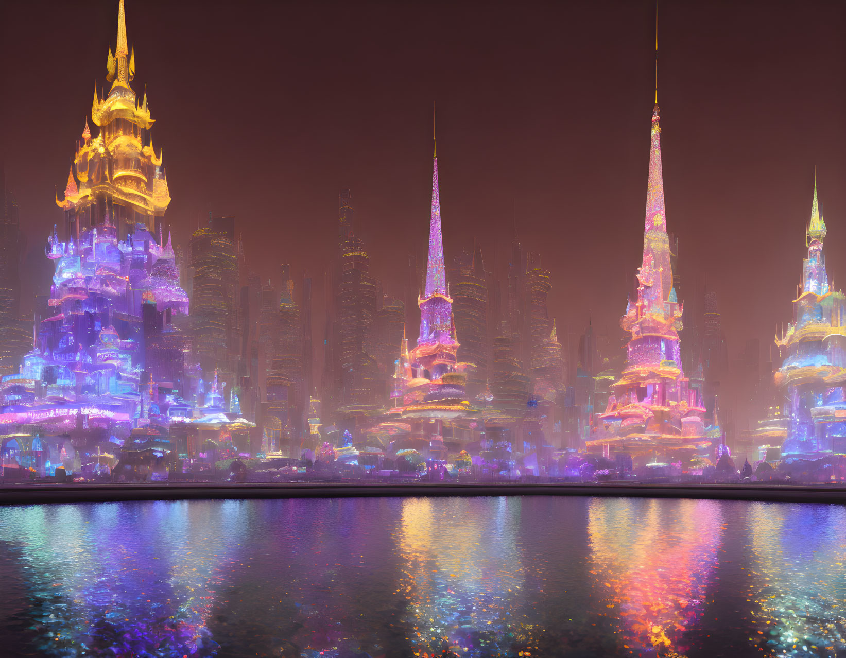 Neon-lit futuristic cityscape by tranquil water