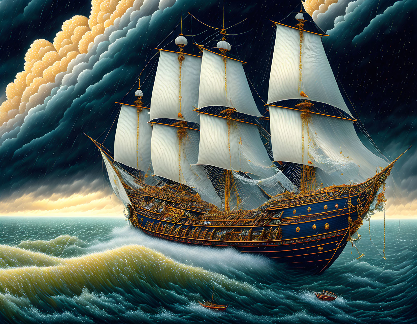 Majestic tall ship sailing turbulent seas under dramatic sky