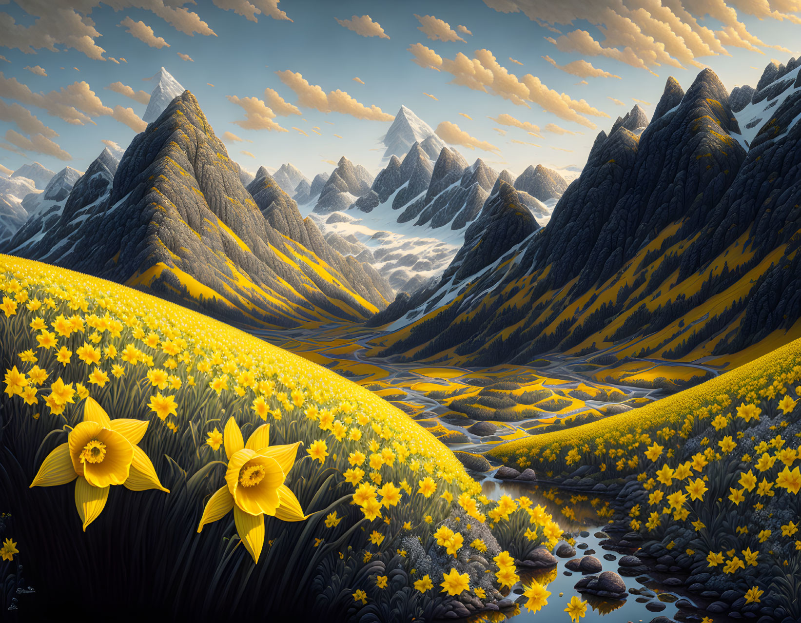 Scenic landscape with yellow flower fields, mountains, and stream