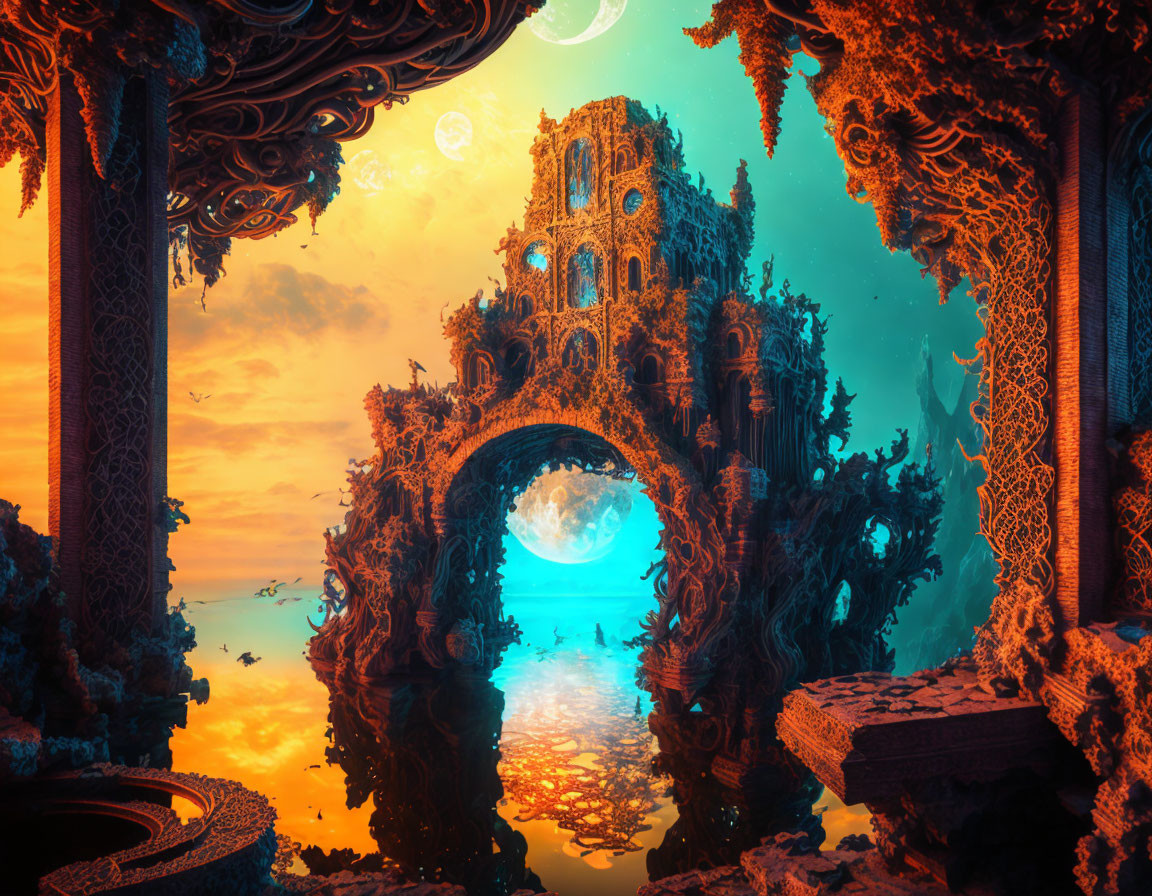 Orange-hued baroque-style architecture in a fantastical landscape with celestial sky and moons.